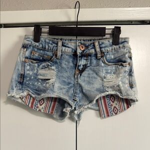 Soundgirl Blue and Red Jean Shorts with Distressed Design